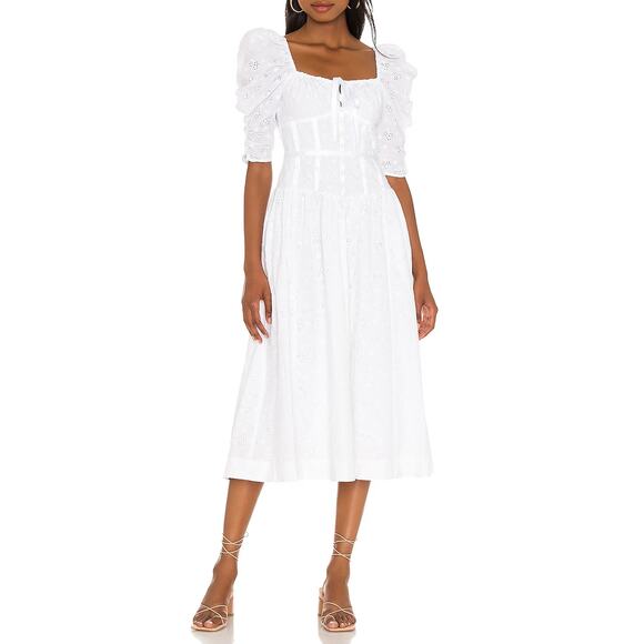 For Love & Lemons Jean Eyelet Midi Dress White Corset Puff Sleeves SZ L NWT - Picture 1 of 8